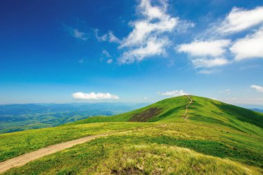 Aydınlık bir bahar gününde dağ manzarası. Tepedeki çimlerin arasındaki çayırda bir patika. Gökyüzünde kabarık bulutlar olan harika bir hava. Karpatların borzhava sırtı