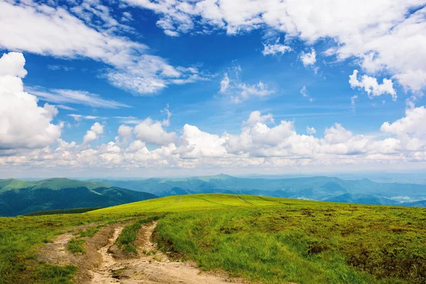 緑の草の山の牧草地を通る 美しい夏の風景 青空にふわふわの雲が浮かぶ天気 — ストック写真