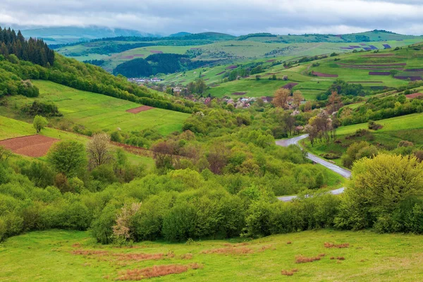 Karpatská Krajina Jaře Krásná Venkovská Krajina Horách Vlhká Travnatá Louka — Stock fotografie