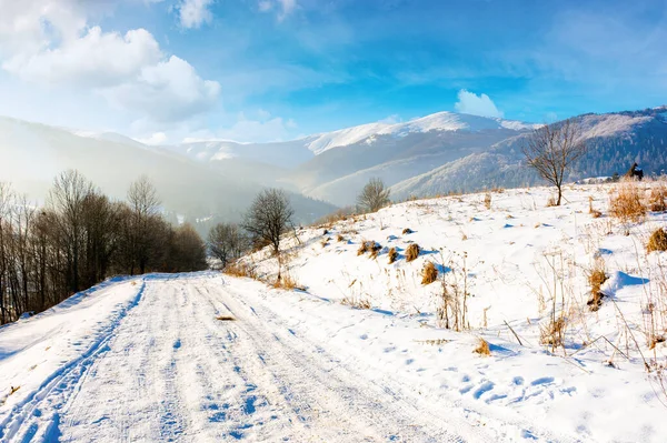 Paisagem Rural Montanhosa Inverno Pico Coberto Neve Distância Cenário Ensolarado — Fotografia de Stock