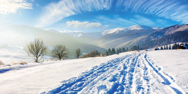 冬季的山地乡村风景 远处的雪峰覆盖着 喀尔巴阡山脉阳光灿烂的景色 乡间小路穿过白雪覆盖的田野 山坡上无叶 — 图库照片