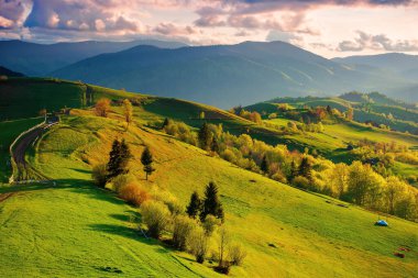 Tepenin kırsal kesiminden geçen patika. Tahta çitler ve yol boyunca ağaçlar. Akşamları uzak tepenin üzerindeki tüylü bulutlar. İlkbaharda gün batımında harika bir kır manzarası