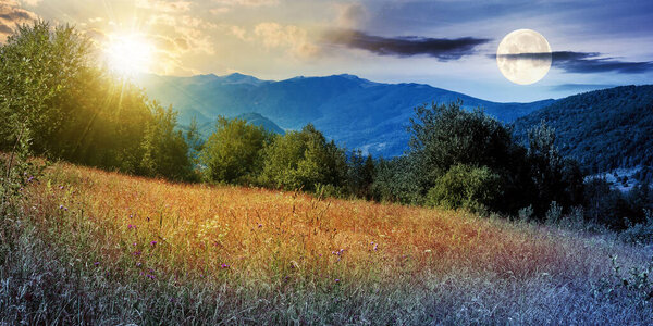дневное и ночное время меняет концепцию над сельским полем в горах. красивый летний пейзаж карпатской сельской местности с солнцем и муоном. деревья на холме, лесистый хребет вдали под небом с облаками