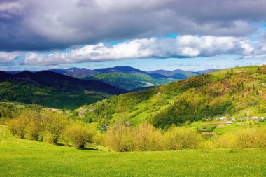 İlkbaharda kayan tepelerde kırsal alanlar. Borzhava dağ sırtı uzakta. Ukrayna 'nın Karpatya manzarası. Synevy Ulusal Parkı 'nın alanı. Noktalı ışıkta doğa manzarası