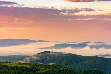 Şafak vakti kırsal vadide parlayan sis. İlkbaharda güzel bir dağ manzarası. Tepeden manzara