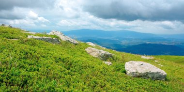 Dağ çayırındaki çimlerin arasında kayalar. Yazın güzel yeşil doğa manzarası. Uzaktaki vadiye bak. Dağlık tepenin üstündeki bulutlar
