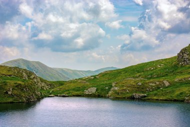 Yüksek irtifada gölü olan yaz manzarası. Yazın İbne Dağları 'nın güzel manzarası. Pofuduk bulutların altındaki uzak tepeye açık görüş. Capra lacul, Romanya