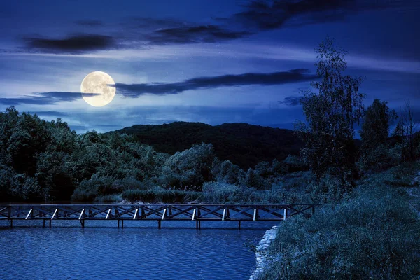 春の夜に湖と山の景色 満月の光で海岸沿いの落葉樹が美しい田園風景 空の雲 — ストック写真