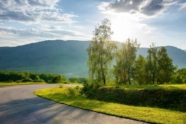山下的乡间小路 美丽的旅行背景 山上阳光灿烂的早晨 沿路的树 — 图库照片