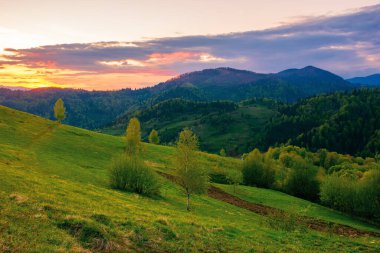 Alacakaranlıkta kırsal dağ manzarası dönüyor. İlkbaharda muhteşem doğa manzarası. Akşam ışığında gökyüzünde bulutlar