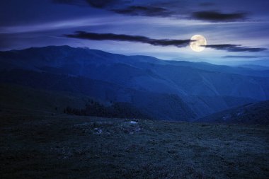 Yazın geceleri dağlık çayırlarda. Karpatların dolunay ışığında güzel manzarası