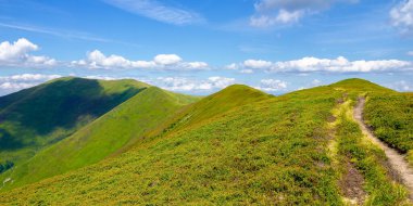 Dağ sırtı uzaklığa doğru ilerliyor. Gökyüzünde bulutlar olan harika güneşli bir hava. Karpat Dağları kavramını keşfetmek