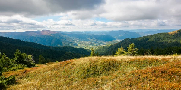 Mountainous Landscape Autumn Grass Hill View Distant Mountain Morning Light — Stock Photo, Image