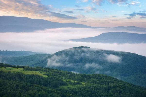 Venkovská Krajina Ránu Mlha Vzdáleném Údolí Stromy Pole Kopci Ranním — Stock fotografie