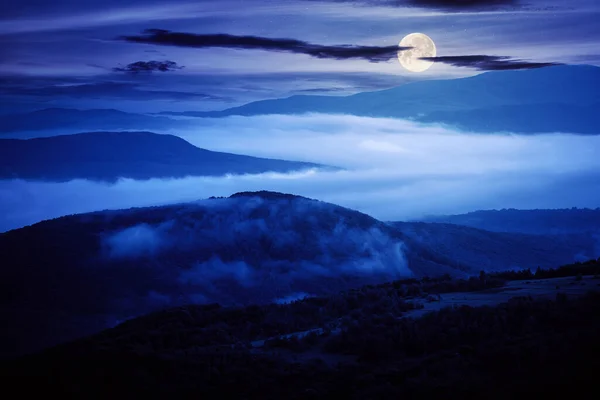 밤에는 계곡에 안개가 자욱하게 납니다 보름달이 비추는 아름다운 풍경이었습니다 언덕에서 — 스톡 사진