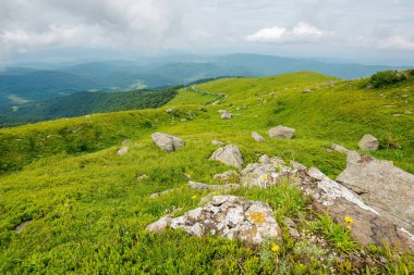Dağlardaki yeşil doğa manzarası. Yazın güzel bir seyahat geçmişi var. Çimenli tepelerdeki taşlar bulutlu bir gökyüzünün altındaki uzak tepeye doğru yuvarlanıyor.