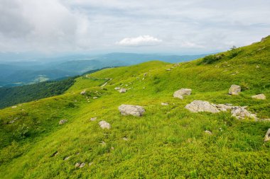 Dağlardaki yeşil doğa manzarası. Yazın güzel bir seyahat geçmişi var. Çimenli tepelerdeki taşlar bulutlu bir gökyüzünün altındaki uzak tepeye doğru yuvarlanıyor.