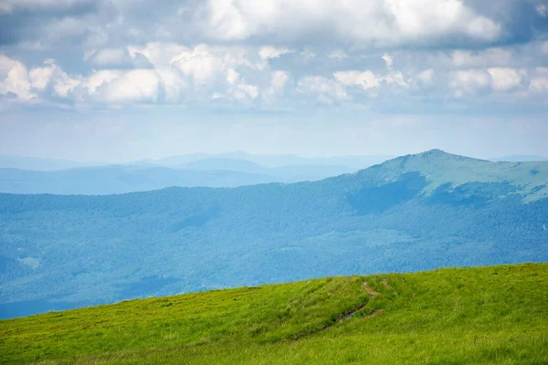 Idyllische Sommerlandschaft Grasbewachsene Wiese Und Hoher Gipfel Der Ferne Sonniges — Stockfoto