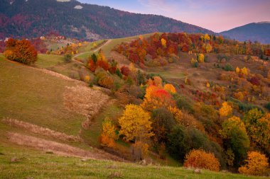 Alacakaranlıkta dağlık kırlarda. Yuvarlanan tepeleri ve çayırları olan güzel bir kırsal alan. Renkli yeşillikler içinde orman. Parlayan bulutlu dramatik gökyüzü