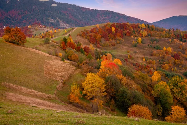 Campo Montanhoso Entardecer Bela Paisagem Rural Com Colinas Ondulantes Prados — Fotografia de Stock