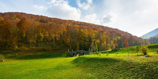 Herbstliche Landschaft Park Bäume Herbstlaub Schöne Landschaft Den Bergen Einem — Stockfoto