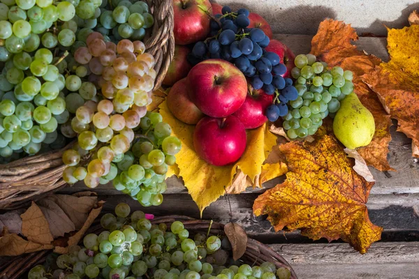 Autumnal still life with fruit and leaves on a wooden base — Stock Photo, Image