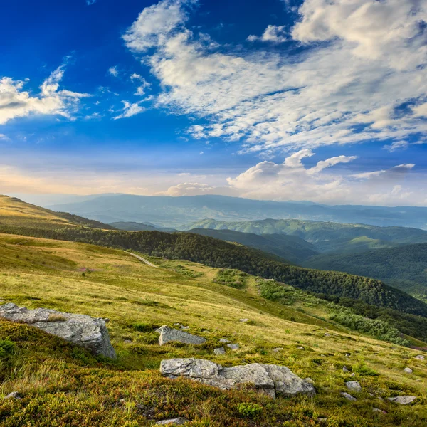 Light on stone mountain slope with forest at sunrise — Stock Photo, Image