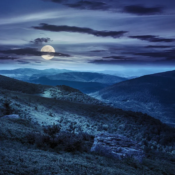 Light on stone mountain slope with forest at night