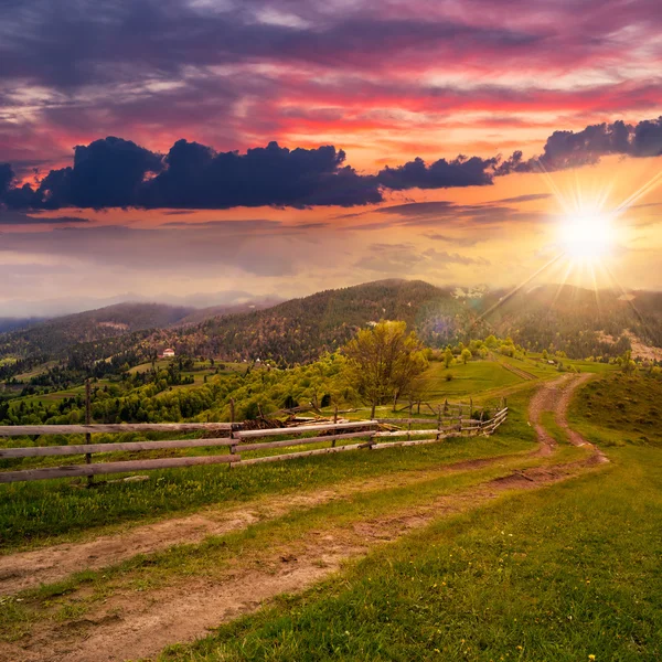 Fence on hillside meadow in mountain at sunset — Stock Photo, Image