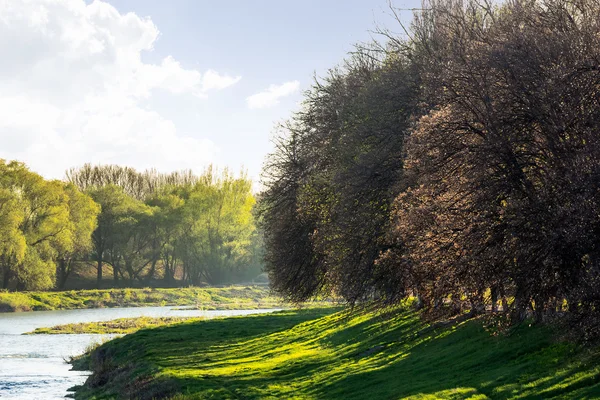 Morning city embankment in sun rays — Stock Photo, Image