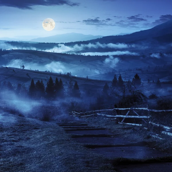 Βήματα κάτω χωριό στα ομιχλώδη βουνά τη νύχτα — Φωτογραφία Αρχείου