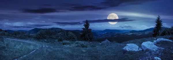 밤에 산에서 언덕 풀밭에 바위 — 스톡 사진