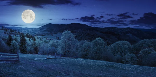 Staket på hillside äng i berg på natten — Stockfoto