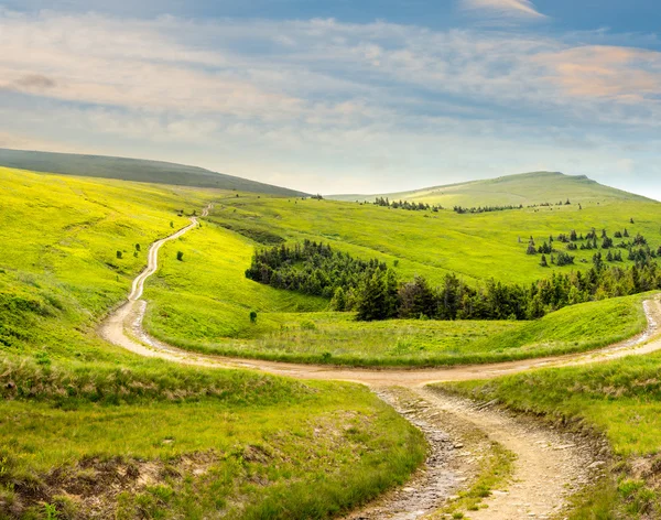 Attraversare la strada su un prato collinare in montagna all'alba — Foto Stock