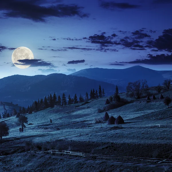 Camino cerca del campo con pajar en la noche —  Fotos de Stock