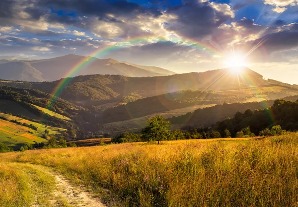 Sökvägen på hillside äng i berg vid solnedgången — Stockfoto