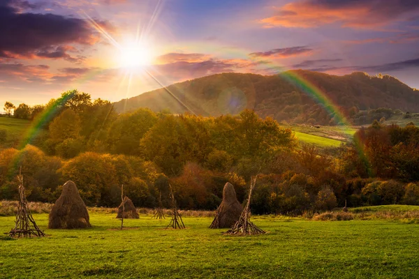 Campo de agricultura em montanhas ao pôr do sol — Fotografia de Stock