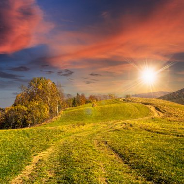 gün batımında dağ çayır hillside yolda