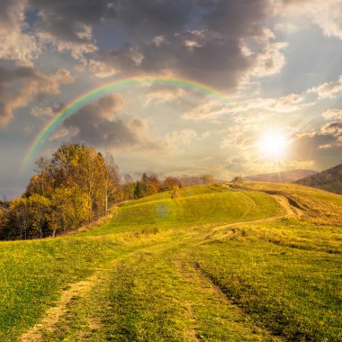 gün batımında dağ çayır hillside yolda