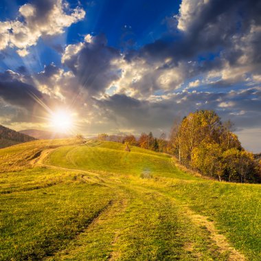 gün batımında dağ çayır hillside yolda