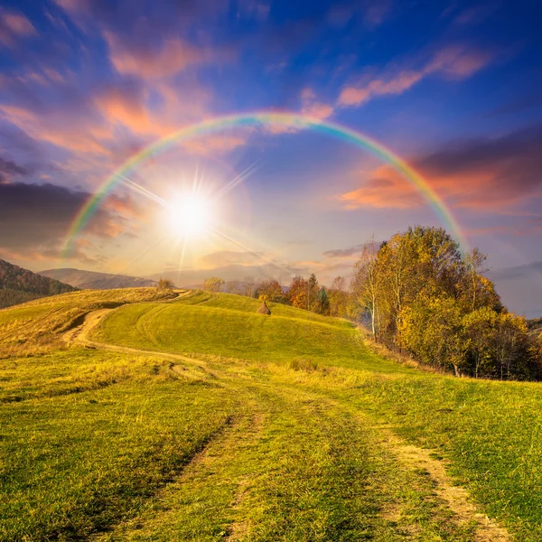 Path on hillside meadow in mountain at sunset — Stock Photo, Image