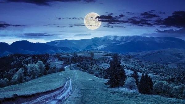 夜に丘の中腹に牧草地を通って道路 — ストック写真