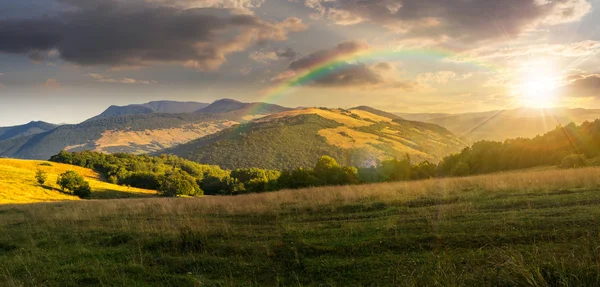 Prado em altas montanhas ao pôr do sol — Fotografia de Stock