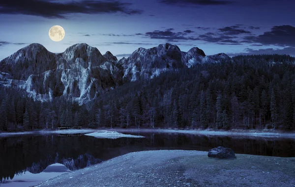 Lago cerca de la montaña en el bosque de pinos por la noche — Foto de Stock