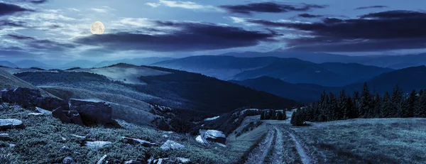 Sentier à travers la prairie dans les montagnes la nuit — Photo