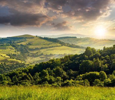 agricultural fields in mountains at sunset