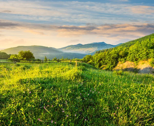 Zaun am Hang Wiese in Berg bei Sonnenaufgang — Stockfoto