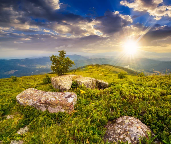 Boulders on hillside meadow in mountain at sunset — Stock Photo, Image