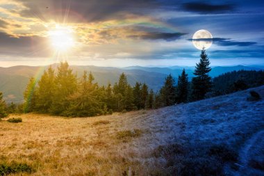 Tepedeki bir çayırdaki köknar ağaçları dağlardaki kozalaklı ormanlara kadar. Gündüz ve gece zaman kavramını değiştirir. Sonbaharın başlarında bulutlu gökyüzünün altındaki dağlık arazi ve alacakaranlıkta güneş ve ay.