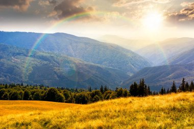 Yazın gün batımında yemyeşil dağlarda. Gökkuşağının altındaki yeşil Karpat dağ manzarası. Uzaktaki vadiye açılan güzel bir manzara. Görkemli kırsal bölge. Akşam ışığında açık hava maceraları